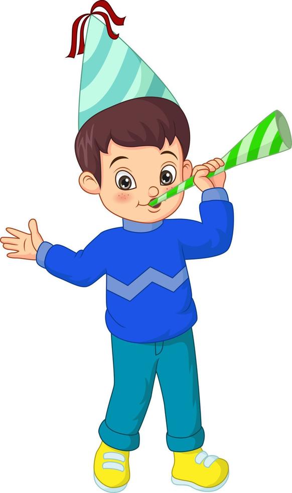 Happy boy wearing a party hat blowing a paper trumpet Celebration of the new year vector