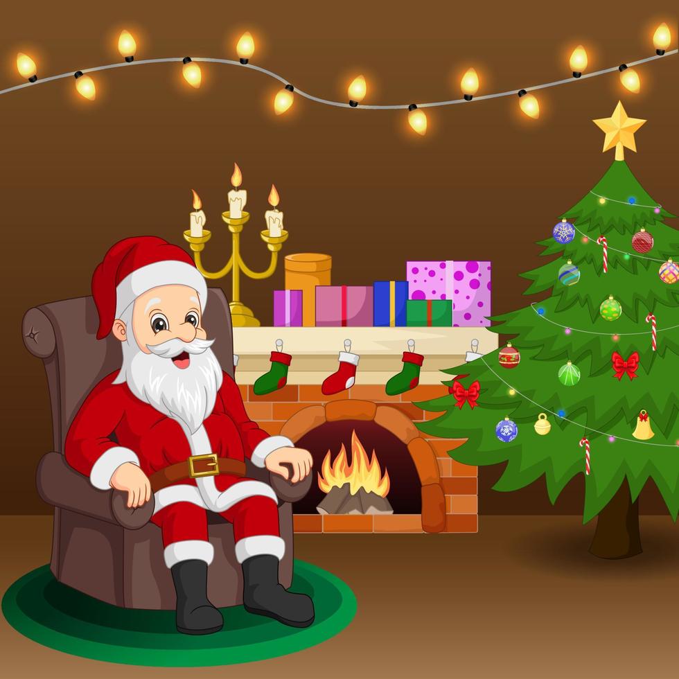 Papá Noel sentado en un sillón cerca de la chimenea y el árbol de Navidad en la sala de estar vector