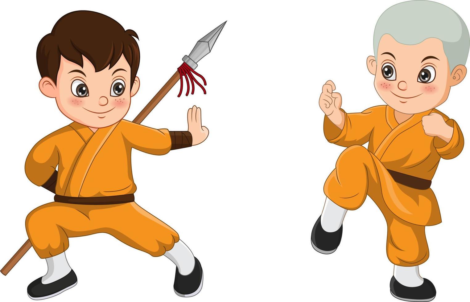 caricatura, niño, shaolin, monje, lucha vector