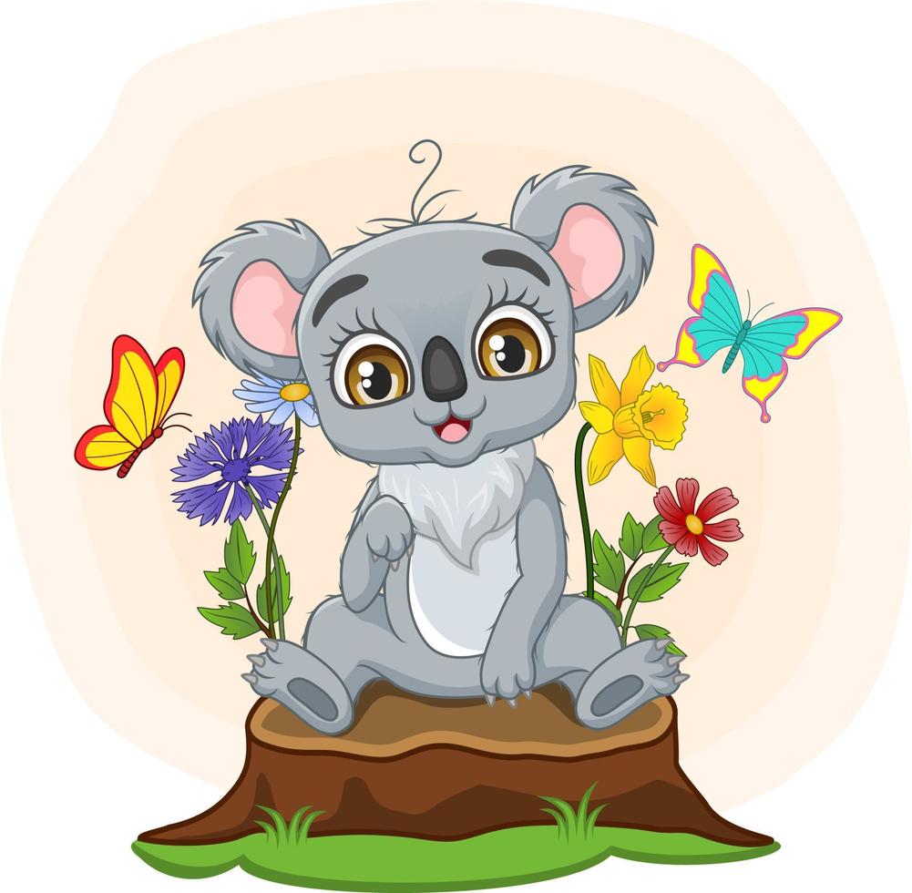 lindo bebé koala sentado en el tocón de un árbol vector