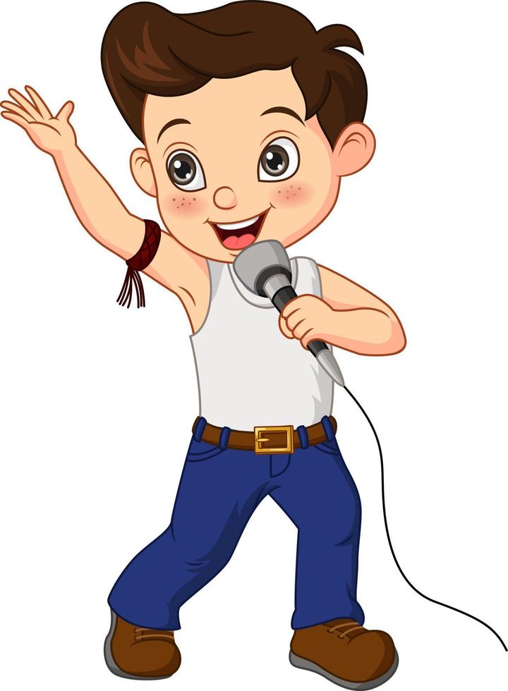Cute little boy singing with microphone vector