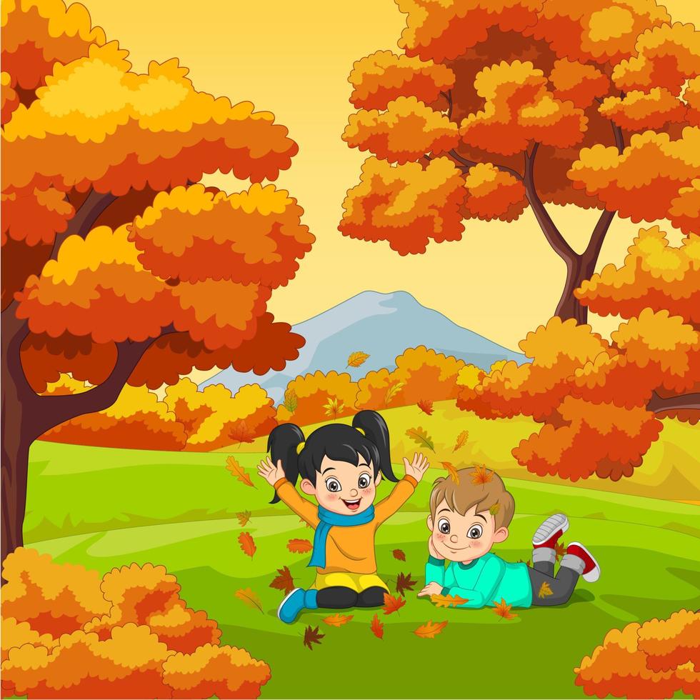 niños felices de dibujos animados jugando en el fondo de otoño 4993844  Vector en Vecteezy