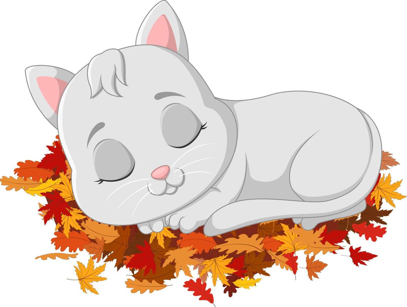 lindo gato durmiendo en hojas de otoño vector