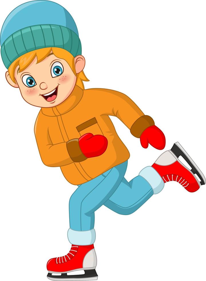 niño lindo en ropa de invierno jugando patinaje sobre hielo vector