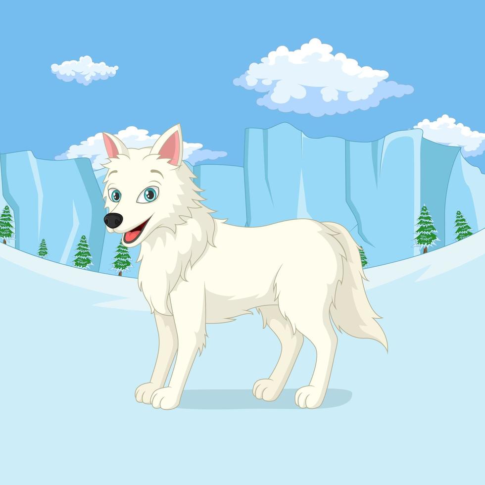 Cartoon arctic wolf stands in the winter forest vector