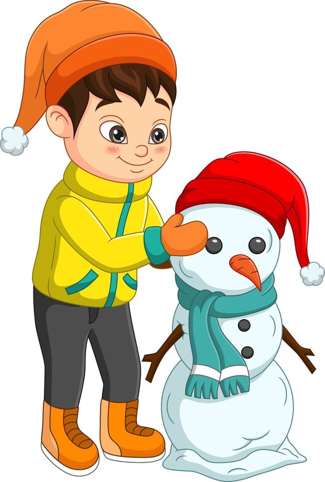 Cute little boy building a snowman vector