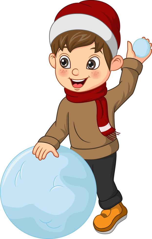 niño lindo en ropa de invierno jugando una bola de nieve vector