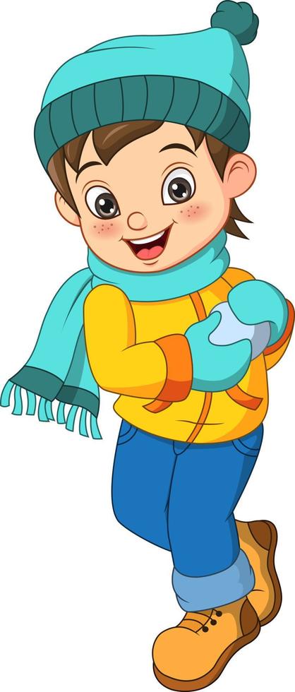 niño lindo en ropa de invierno con bola de nieve vector