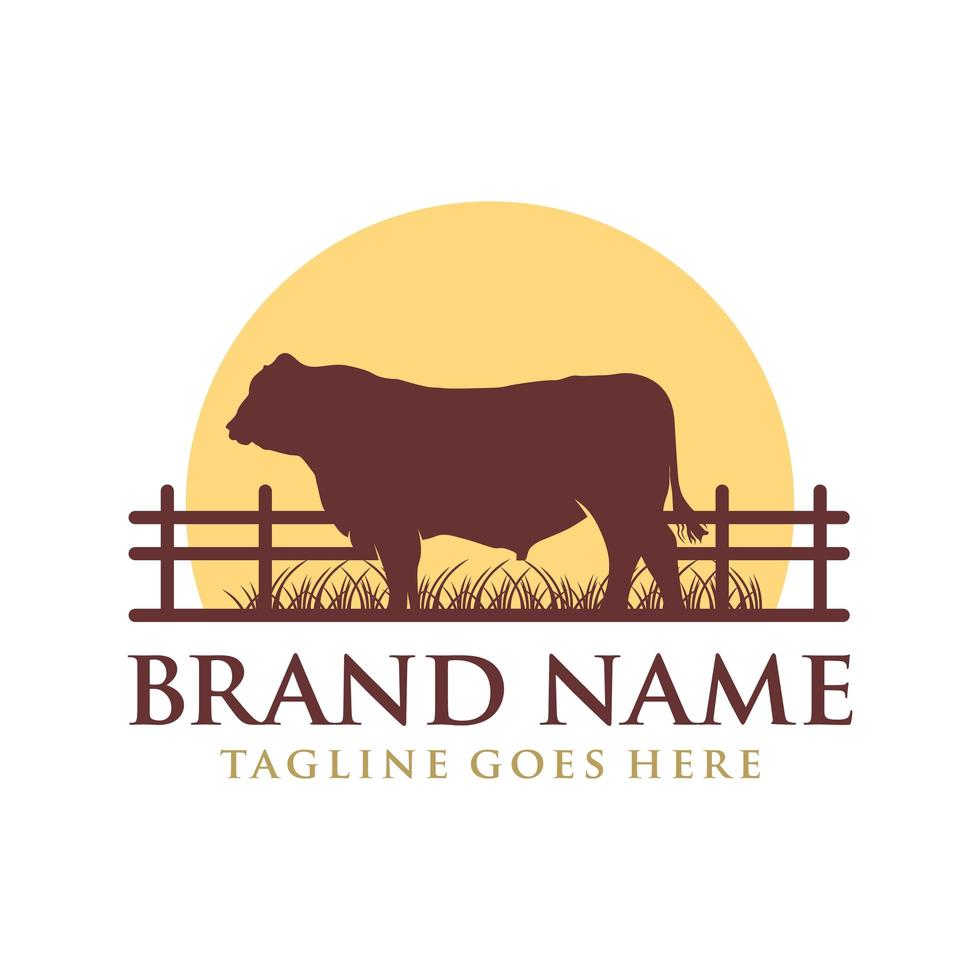 logo design angus cow on grass and sun vector