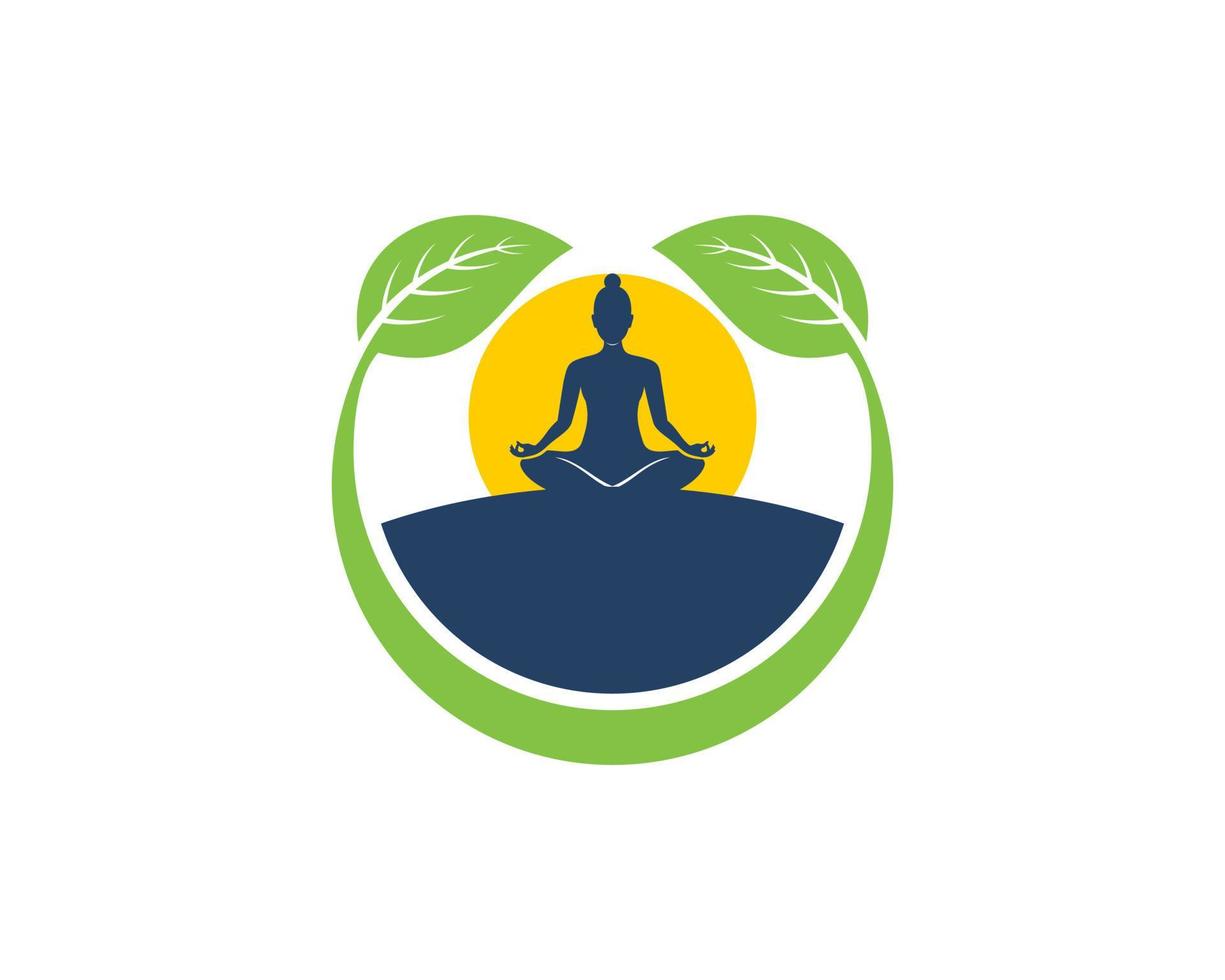 Women yoga with sun and leaf swoosh vector