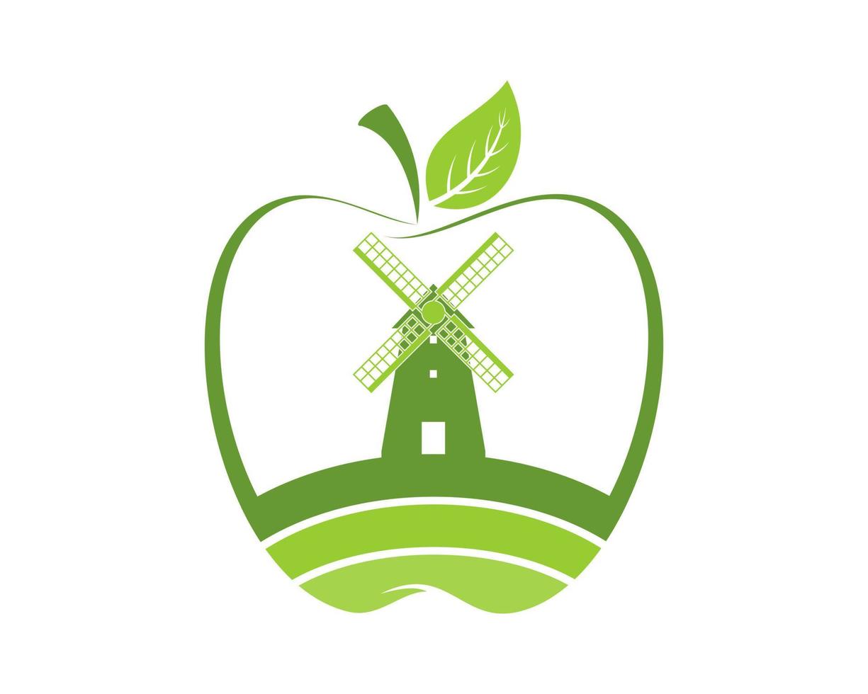 Windmill farm land with apple shape vector