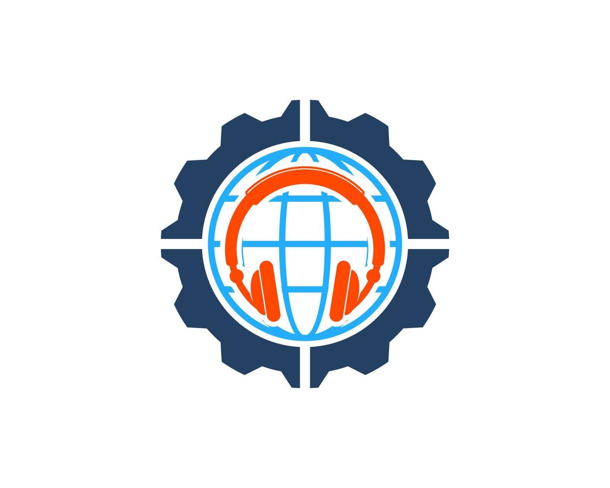 Mechanical gear with abstract globe and music headphone vector