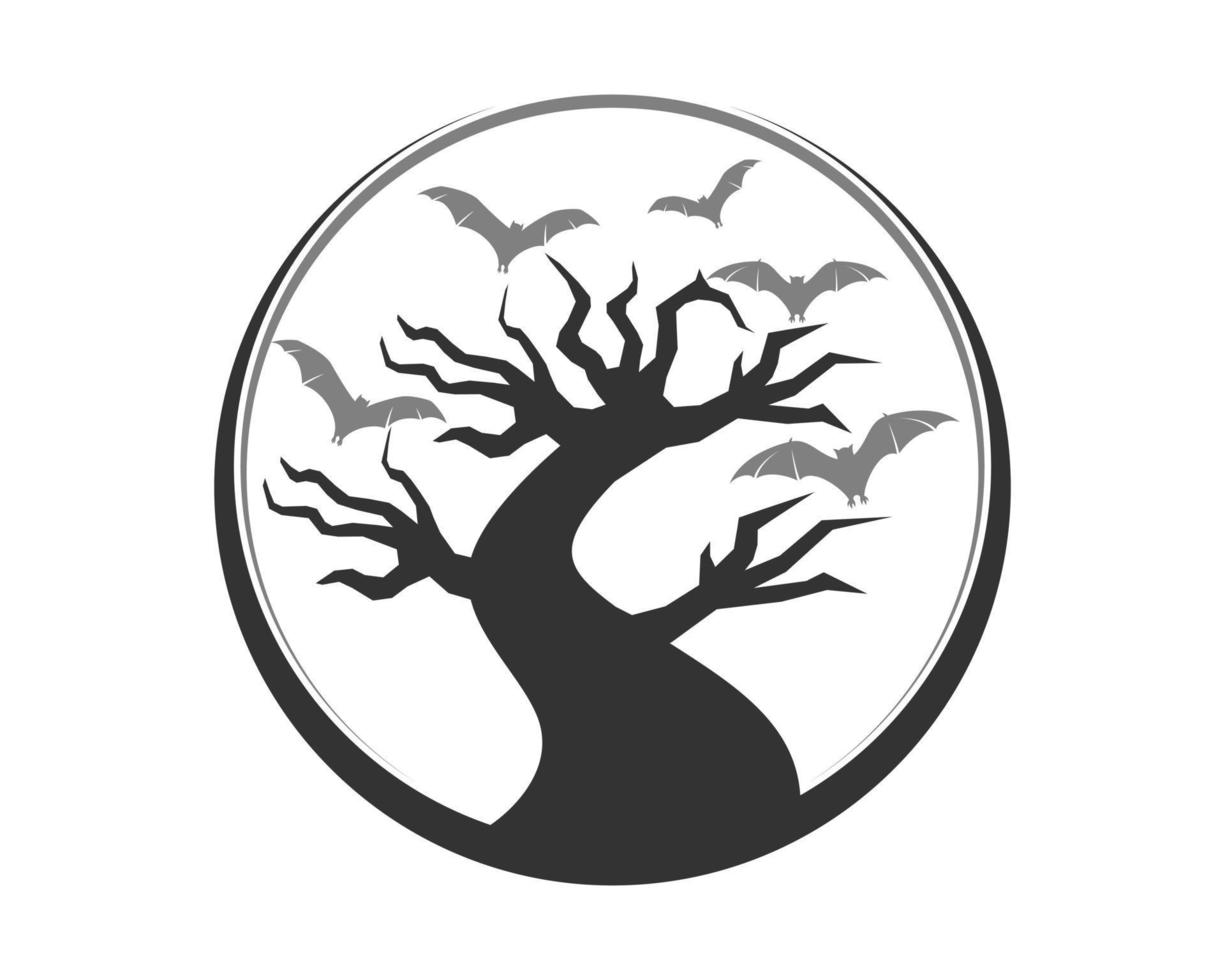árbol de halloween con murciélagos voladores dentro del círculo vector