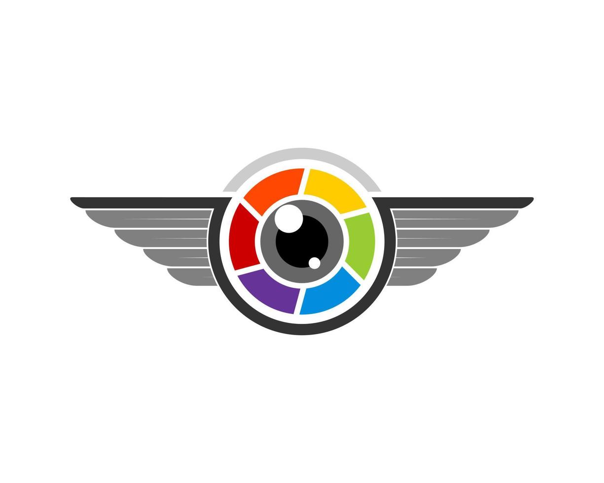 Circle shape with spread wings and rainbow lens camera inside vector