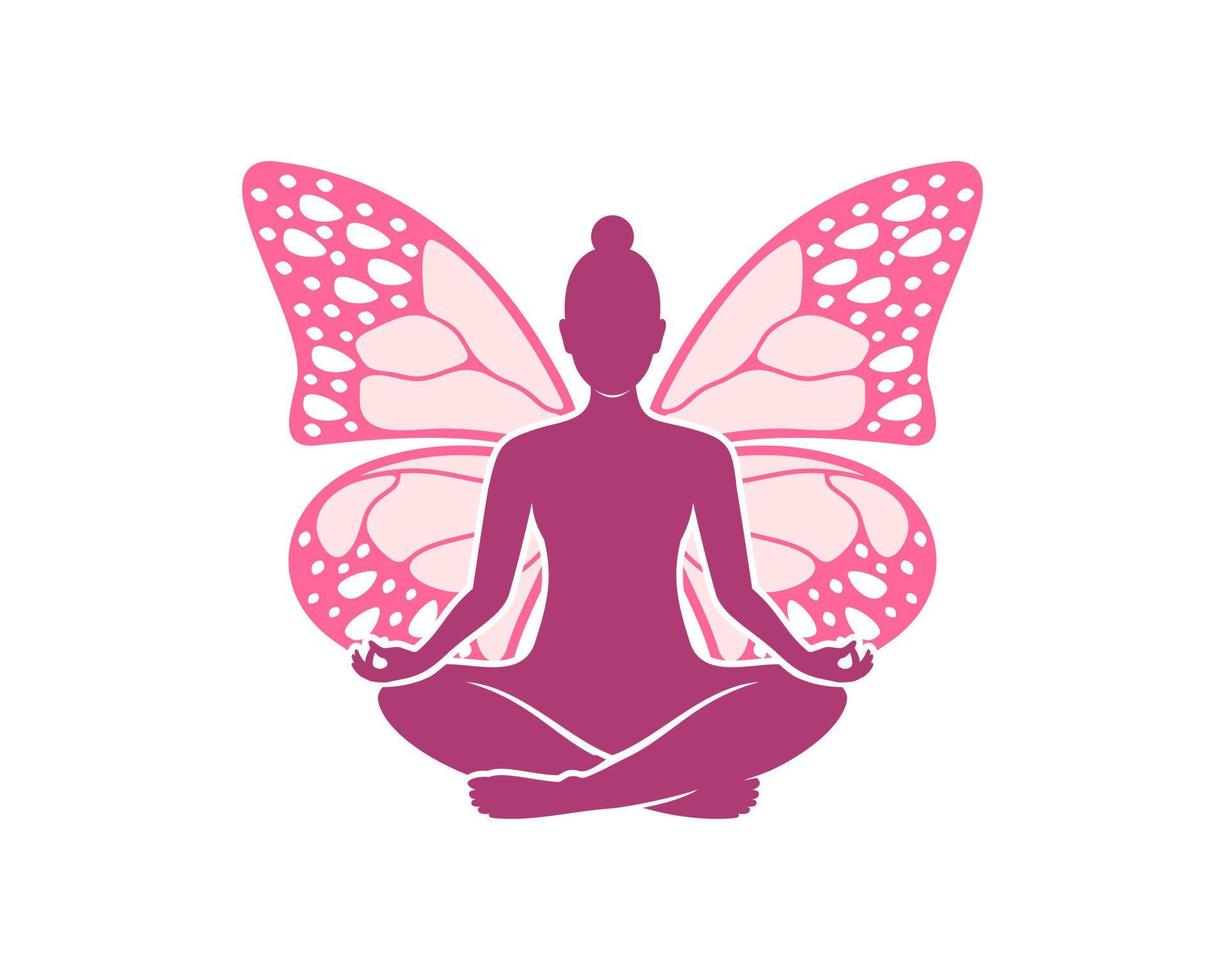 mujer meditando con alas de mariposa vector