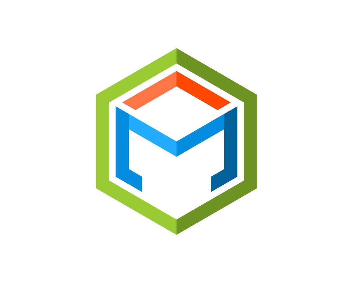 Hexagonal shape with M letter initial inside vector