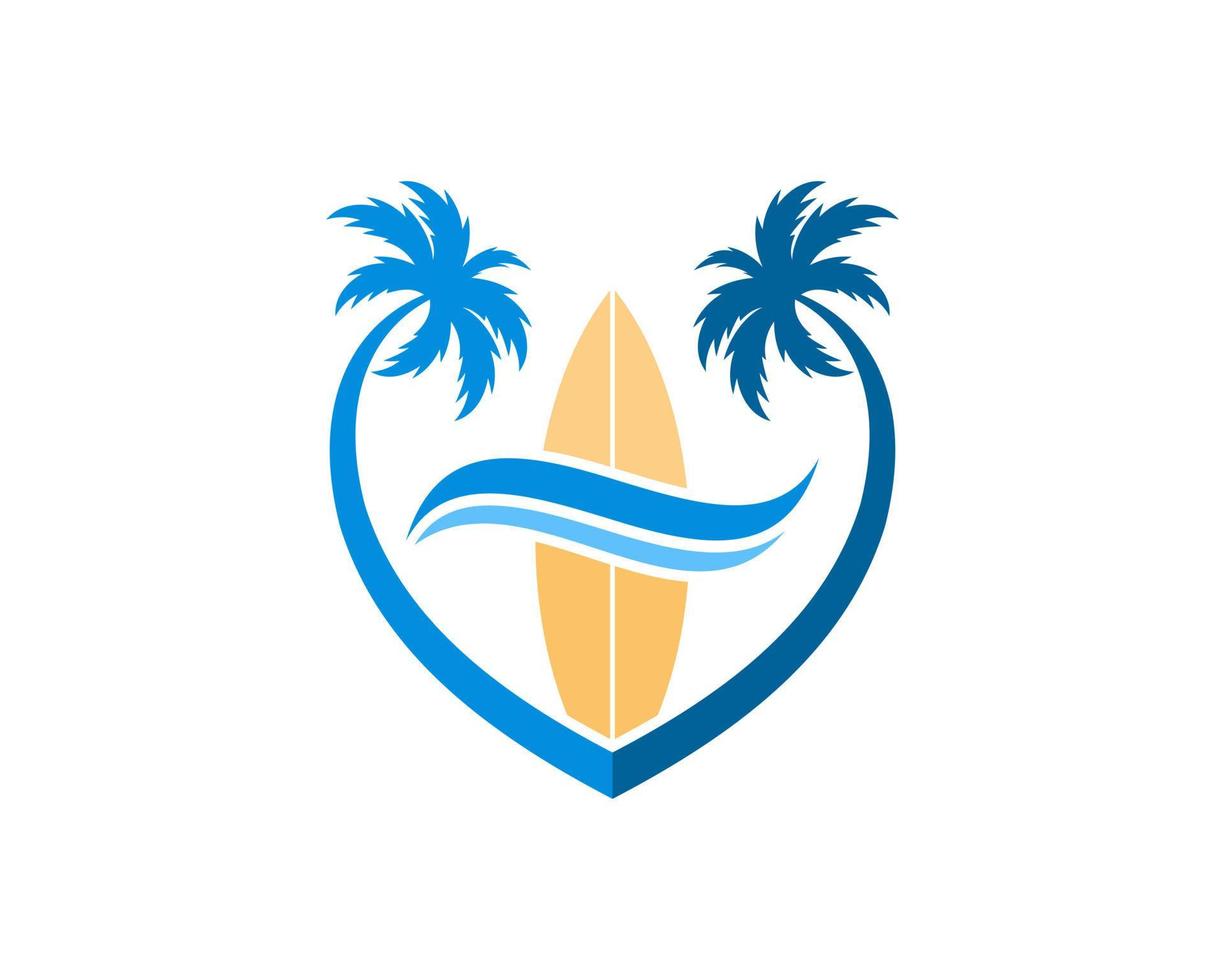 Love palm tree with surf board and beach wave inside vector