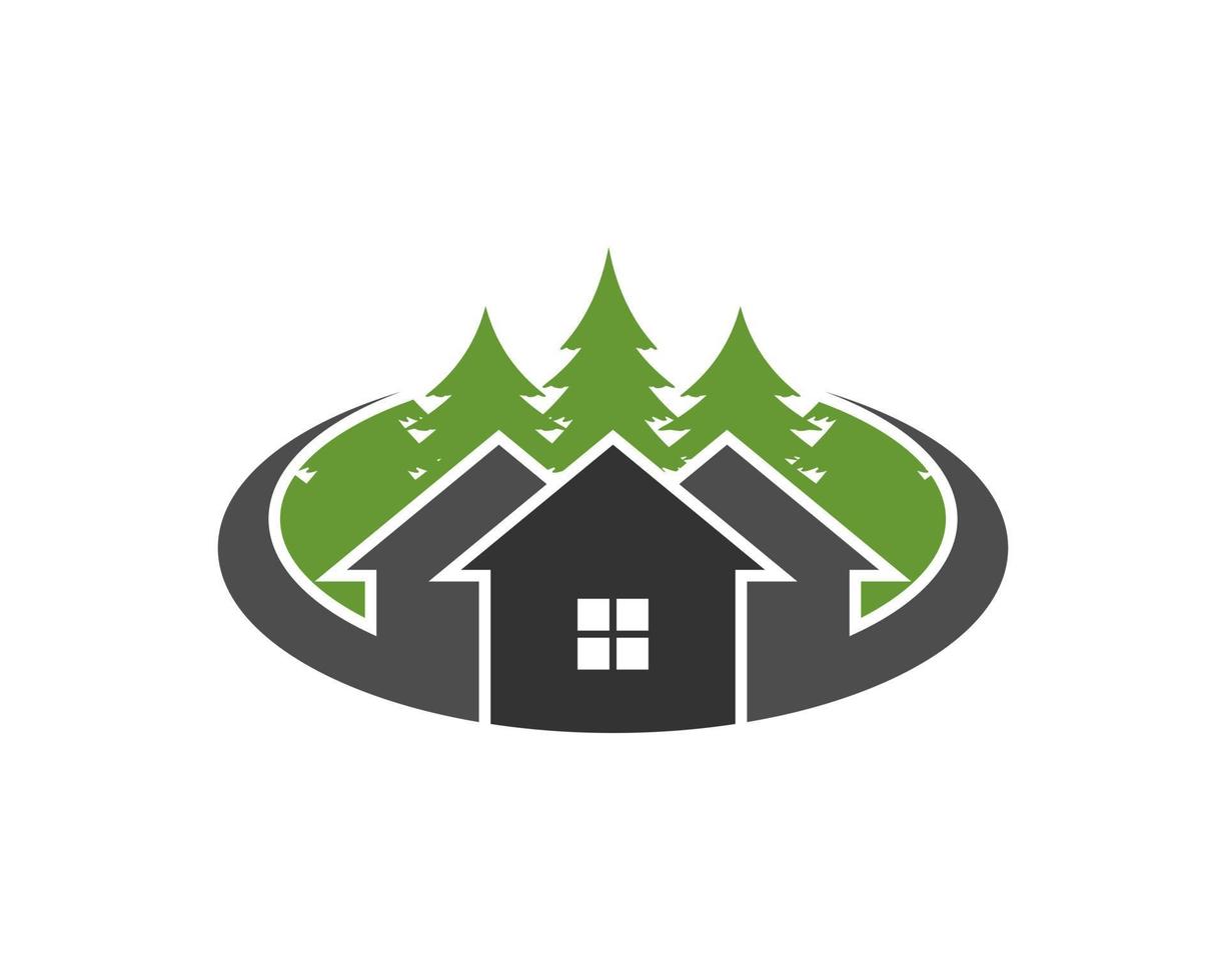 Three simple house with swoosh and pine forest inside vector