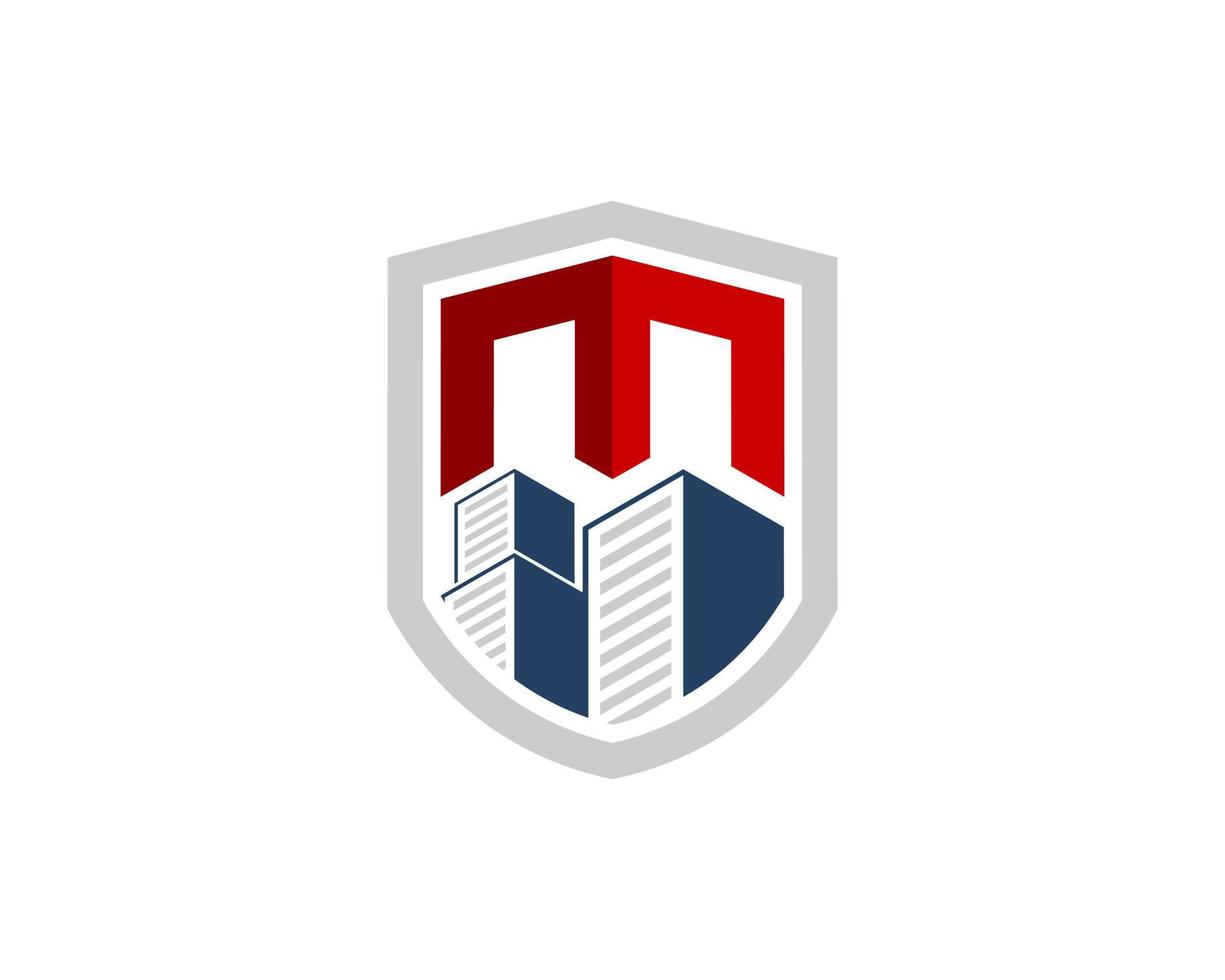 Protection shield with building and M letter initial inside vector