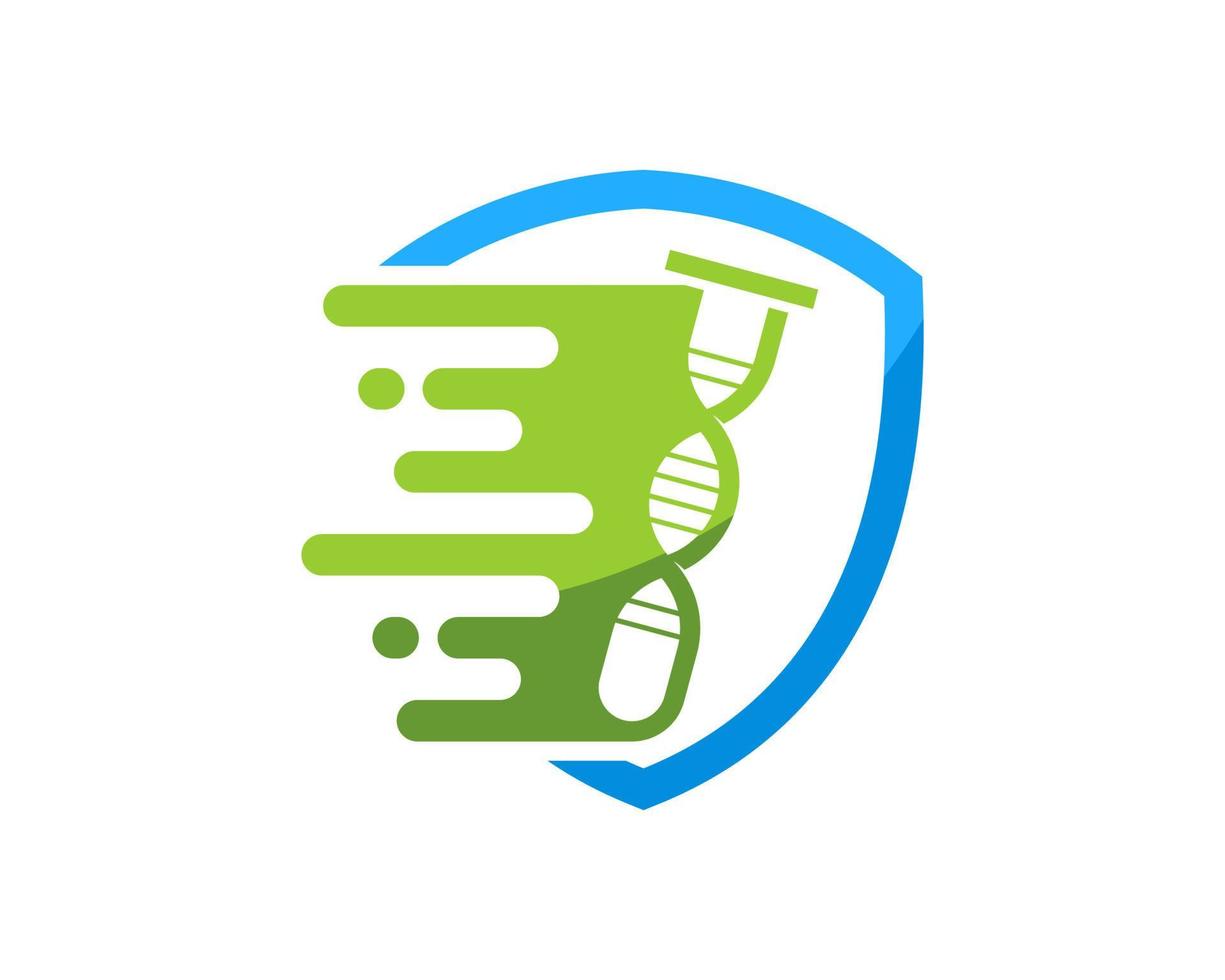 Simple shield with fast bottle laboratory and DNA symbol inside vector