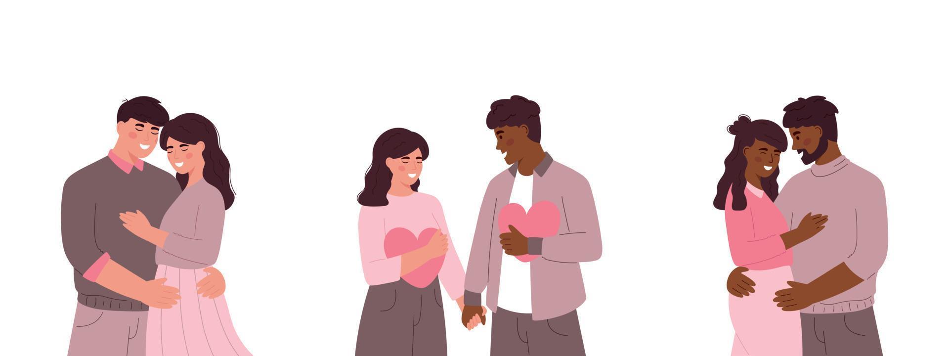 lindas parejas de diversidad tomados de la mano. Feliz día de San Valentín. pareja enamorada. hombre y mujer abrazándose. dia de la pareja. bandera. aislado sobre fondo blanco. vector