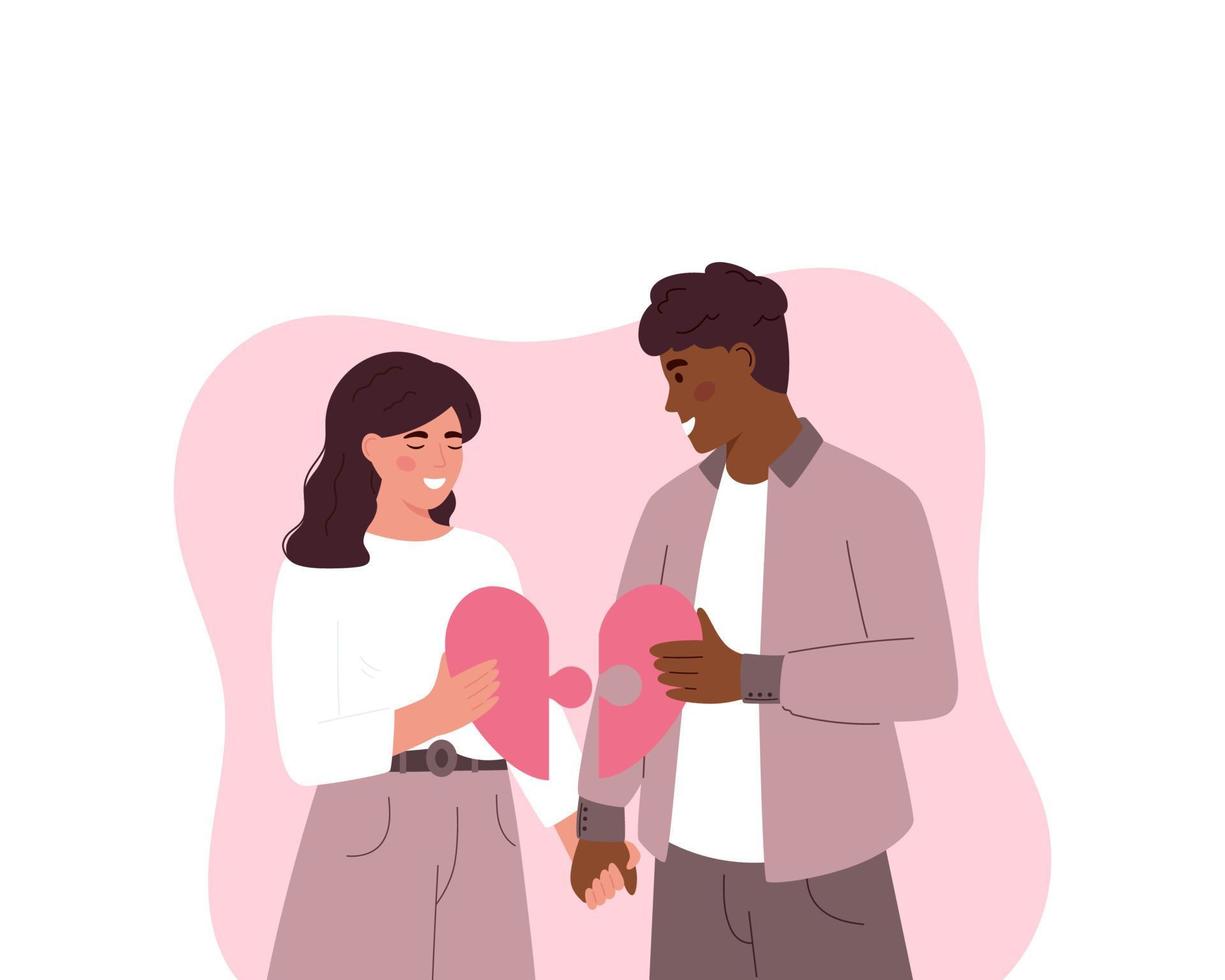 Cute diversity couple holding hands. Happy Valentine's Day. Couple in love. Man and woman holding heart puzzle. Perfect match. Couple's day. Banner. White background. vector