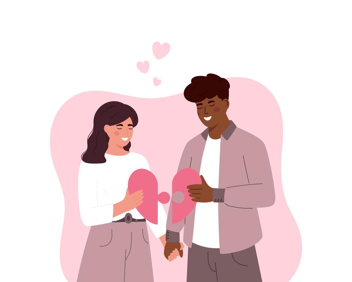 linda diversidad pareja cogidos de la mano. Feliz día de San Valentín. pareja enamorada. hombre y mujer sosteniendo rompecabezas de corazón. combinación perfecta. dia de la pareja. bandera. Fondo blanco. vector