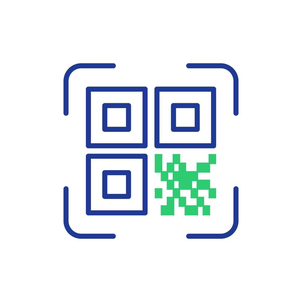 escaneo de código qr. concepto de aplicación de lector de código qr. reconocimiento de iconos o lectura de código qr en estilo plano. icono de línea de aplicación de escáner verde y azul. ilustración vectorial vector