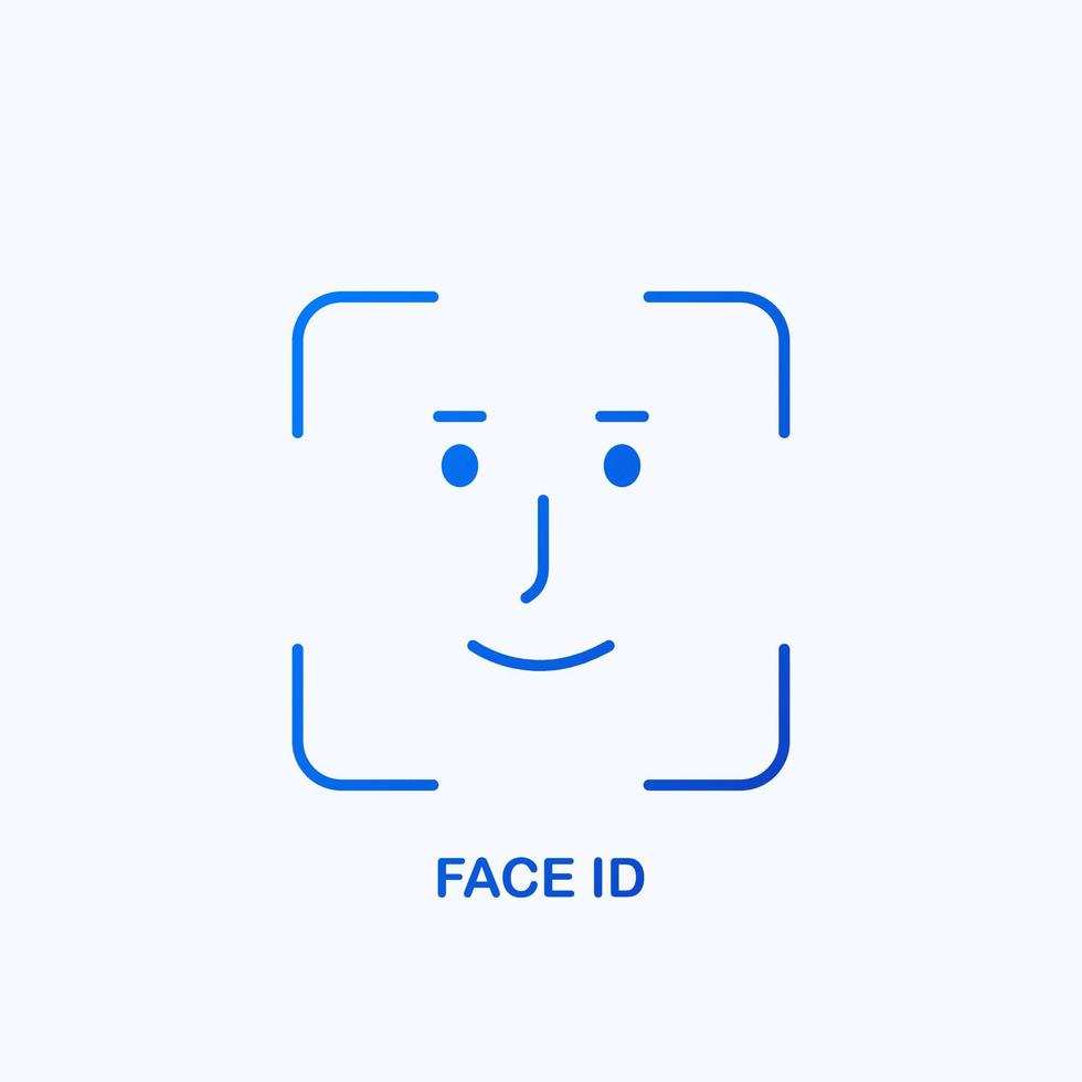 Face identification line icon. Facial recognition system sign. Biometric facial detection pictogram. Face id icon on white background. Face id scanning process. Vector illustration