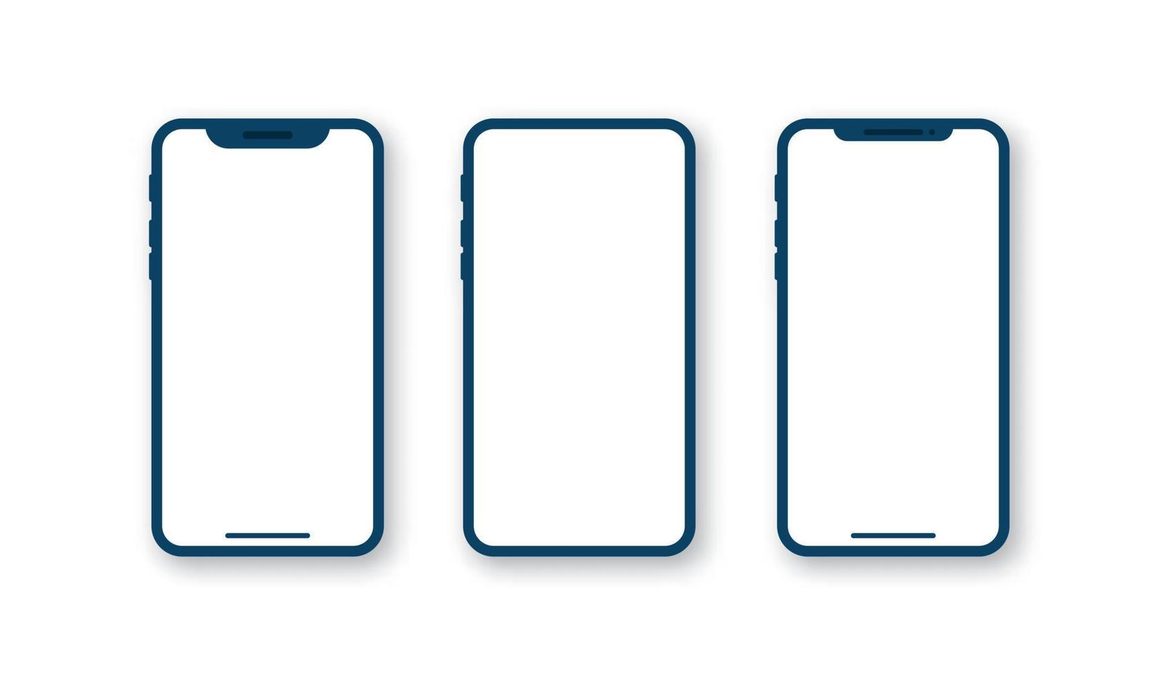 Set of Blue smartphone on white background. Mobile phone mockup with white screen. Blue cell phone frame. Vector