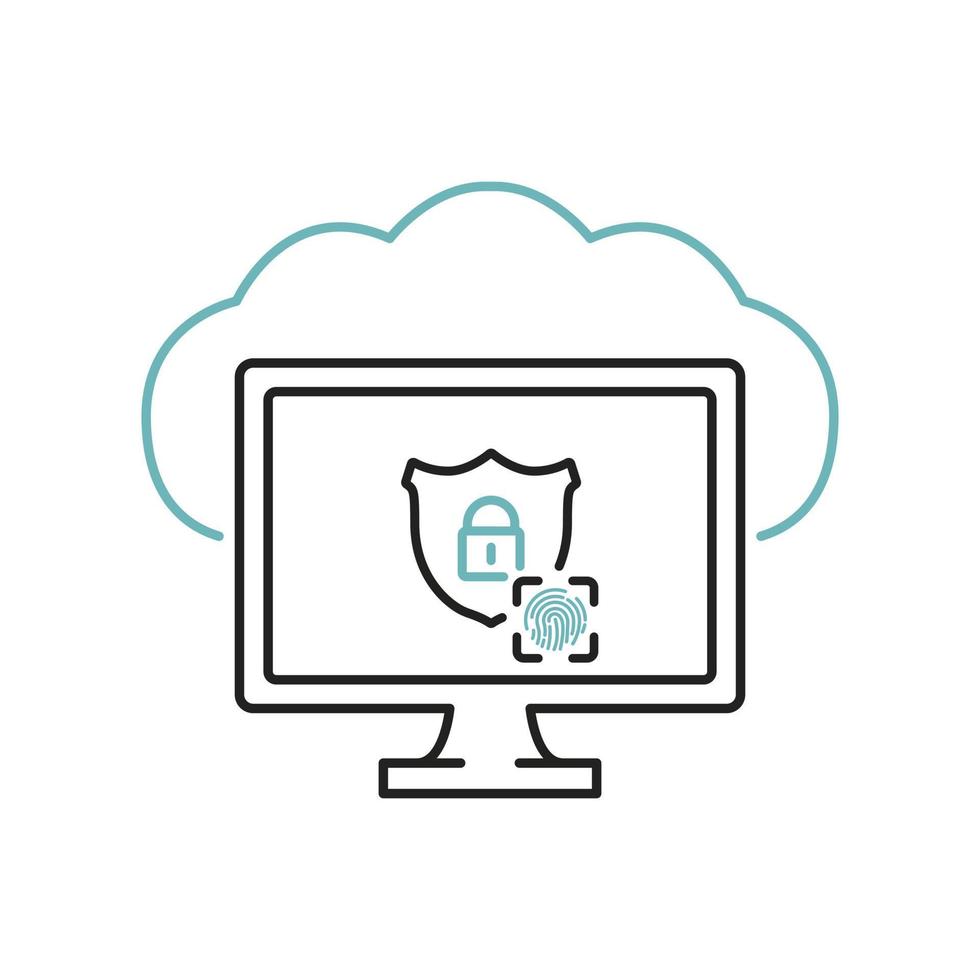 Cloud Security Line Icon on Computer Screen. Data Cloud Security. Cloud Icon Locked with Biometric Fingerprint Padlock. Information Safety. Protected Cloud Computing Service. Vector illustration