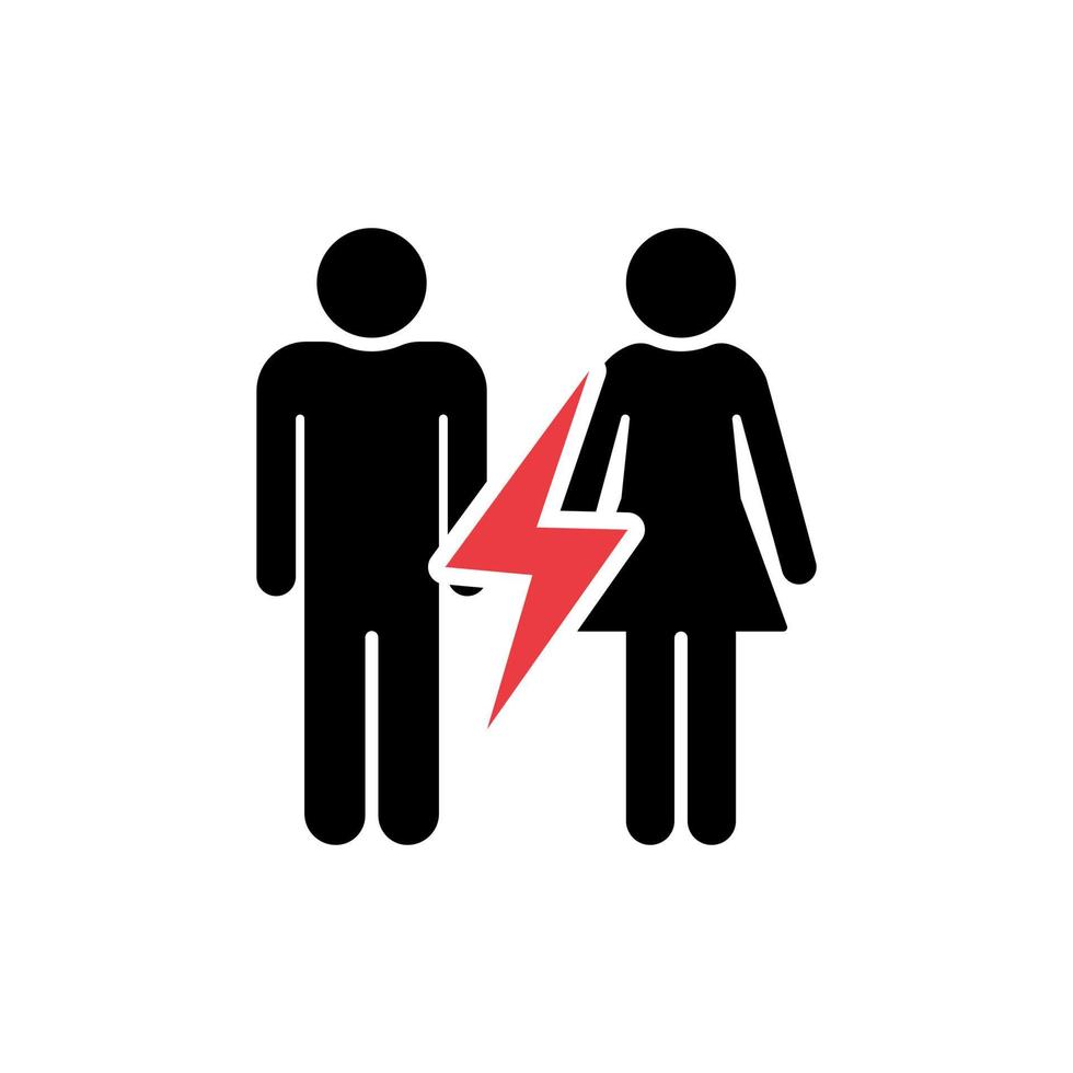 Divorced Couple. Black Silhouette of Man and Woman with Red Lightning. Break up of Relationship Icon. Man and Woman quarrel. End of Family Life. Conflict between girl and boy. Vector illustration