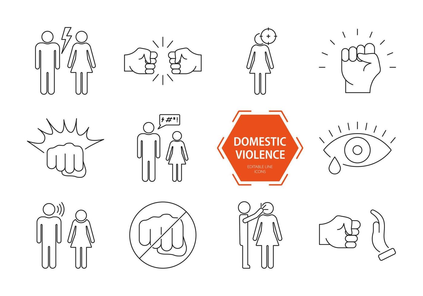 Conjunto de iconos de violencia doméstica. iconos de línea de abuso doméstico. Conjunto de violencia familiar y discriminación de la mujer. ilustración vectorial vector