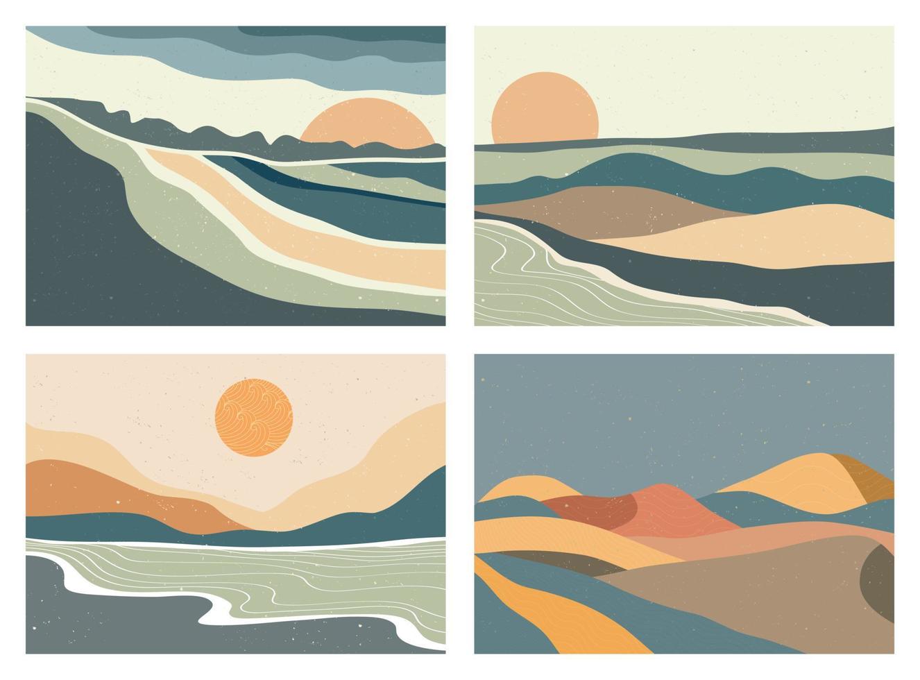 Mid century modern minimalist art print. Abstract contemporary aesthetic backgrounds landscapes set with Sun, Moon, sea, mountains. vector illustrations