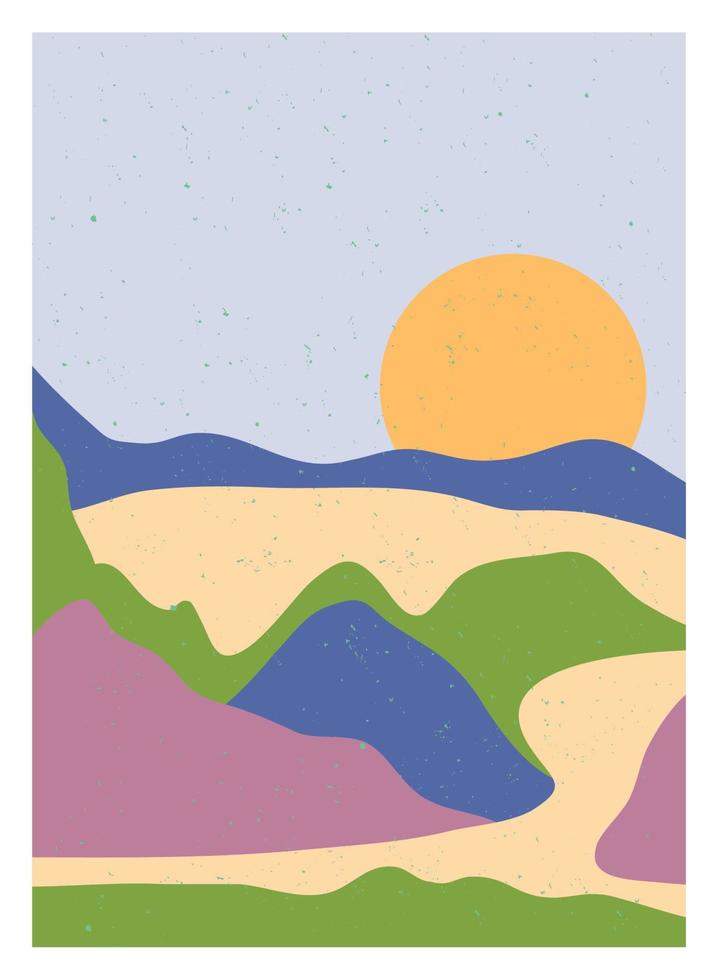 set of Mid century modern minimalist. Abstract nature, sea, sky, sun, rock mountain landscape poster. Geometric landscape background in scandinavian style. Vector illustration