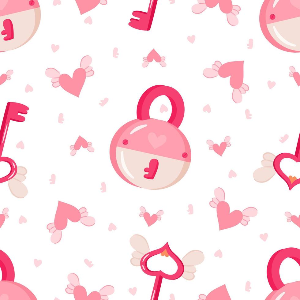 Seamless pattern with cute cartoon keys and padlocks.  Valentine's day romantic elements for decorations.  Flat vector illustration for fabric, textile, wrapping paper.