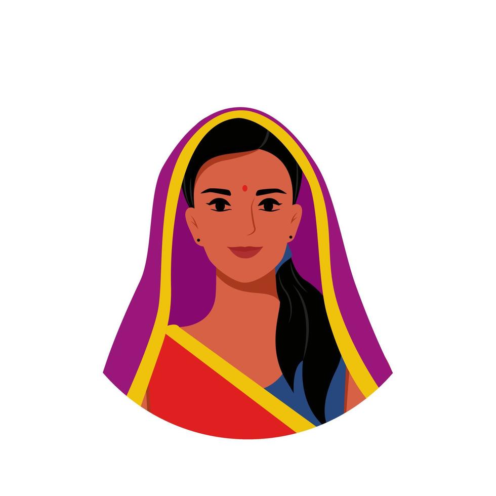 Happy Indian woman in national dress. .Young Indian business woman wearing traditional Indian costume. Vector illustration.