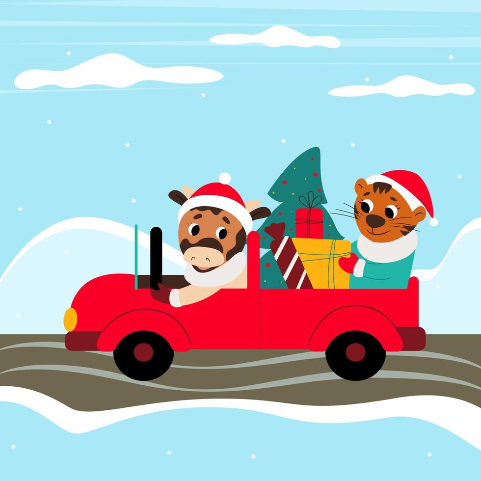 Bull carries a tiger on a red car. Cute Christmas animal characters. Vector illustration.