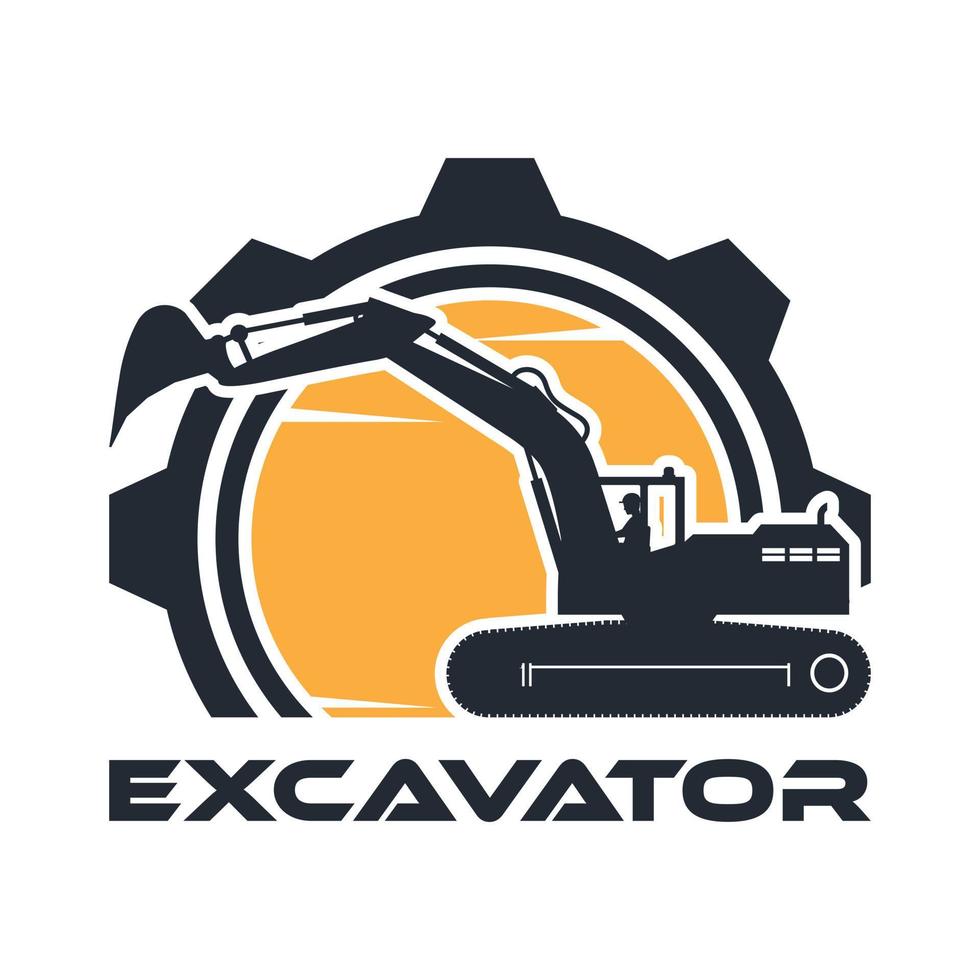 Icono de maquinaria pesada con excavadora sobre orugas y sombras de trabajo del operador vector