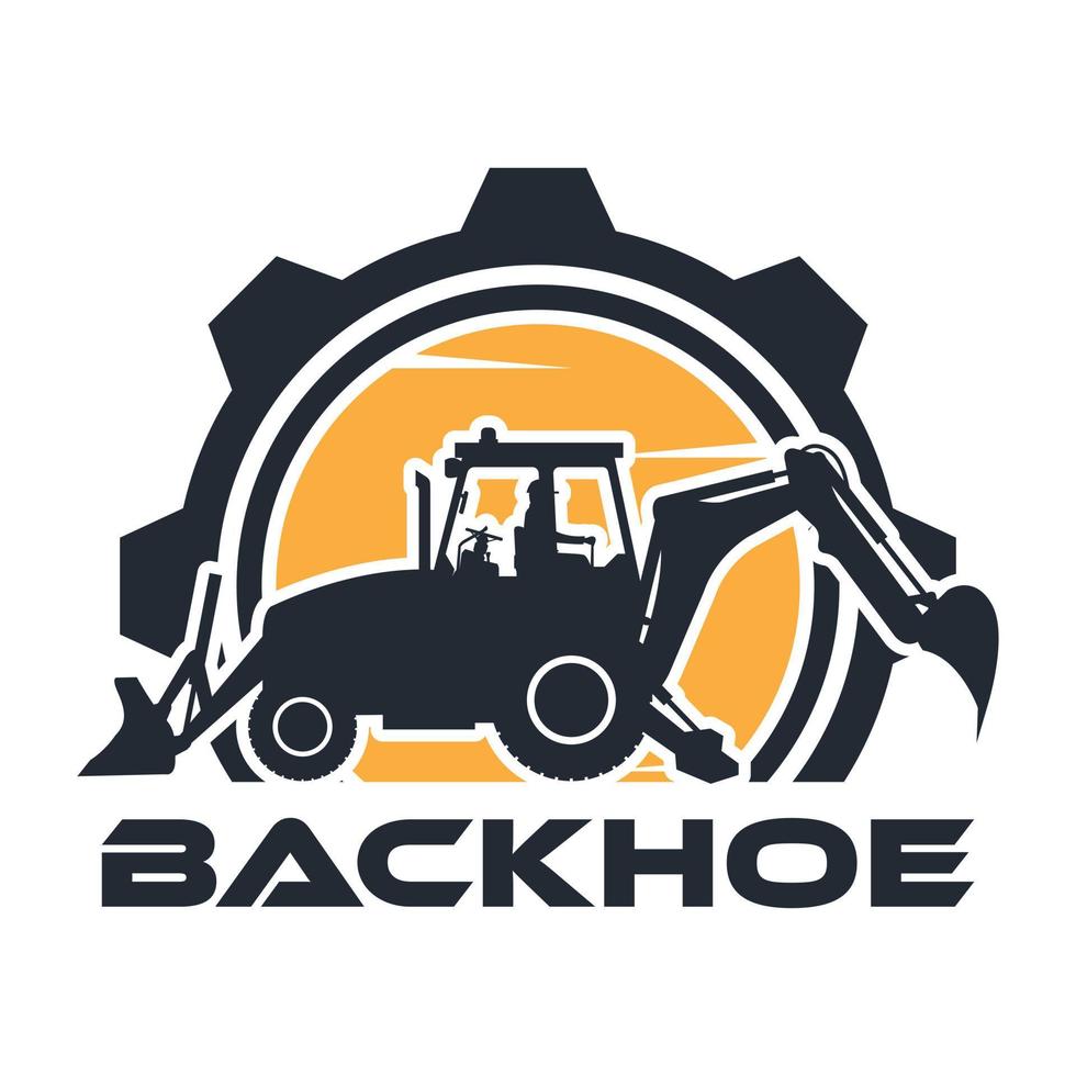 Heavy machinery logo with operator driving a backhoe with a gear in the background vector