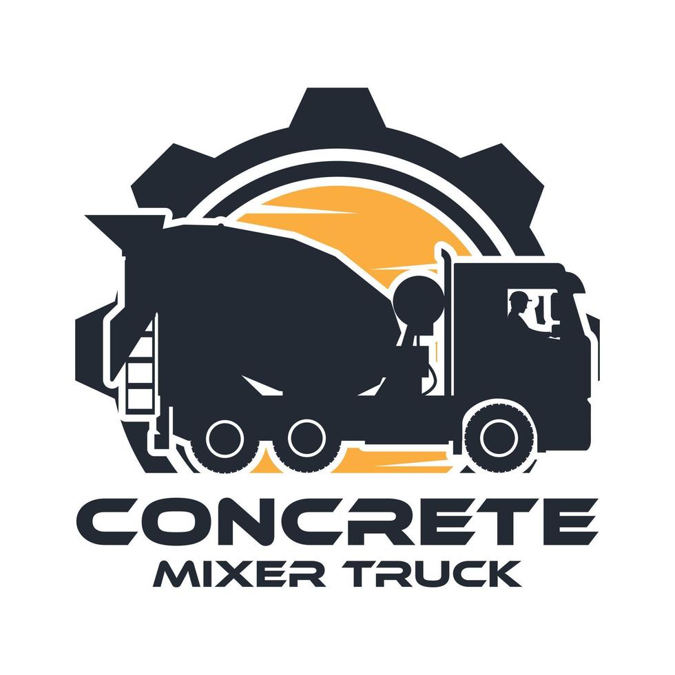 Heavy machinery label with operator driving concrete mixer truck with gear in the background vector