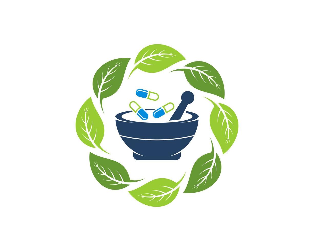 Circular nature leaf with medicine mortar and pestle vector