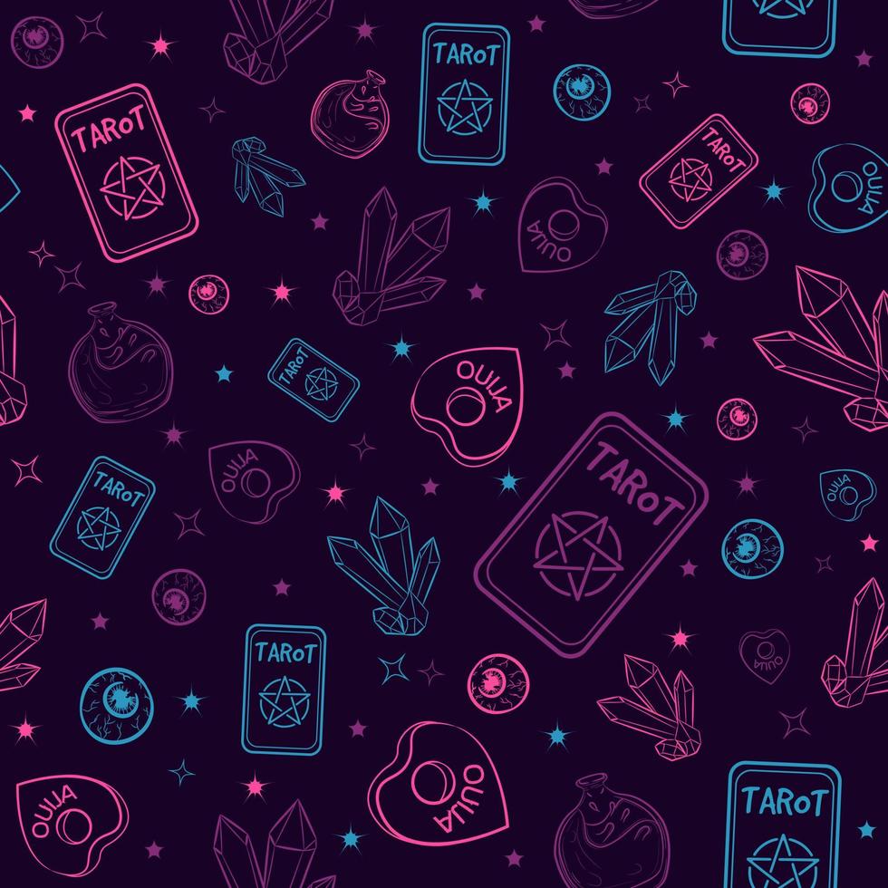 Occult and witchy seamless pattern with purple and blue elements. Tarot cards, precious gems, ouija board and flasks. Wiccan and esoteric repeat background with psychedelic and magic objects. vector