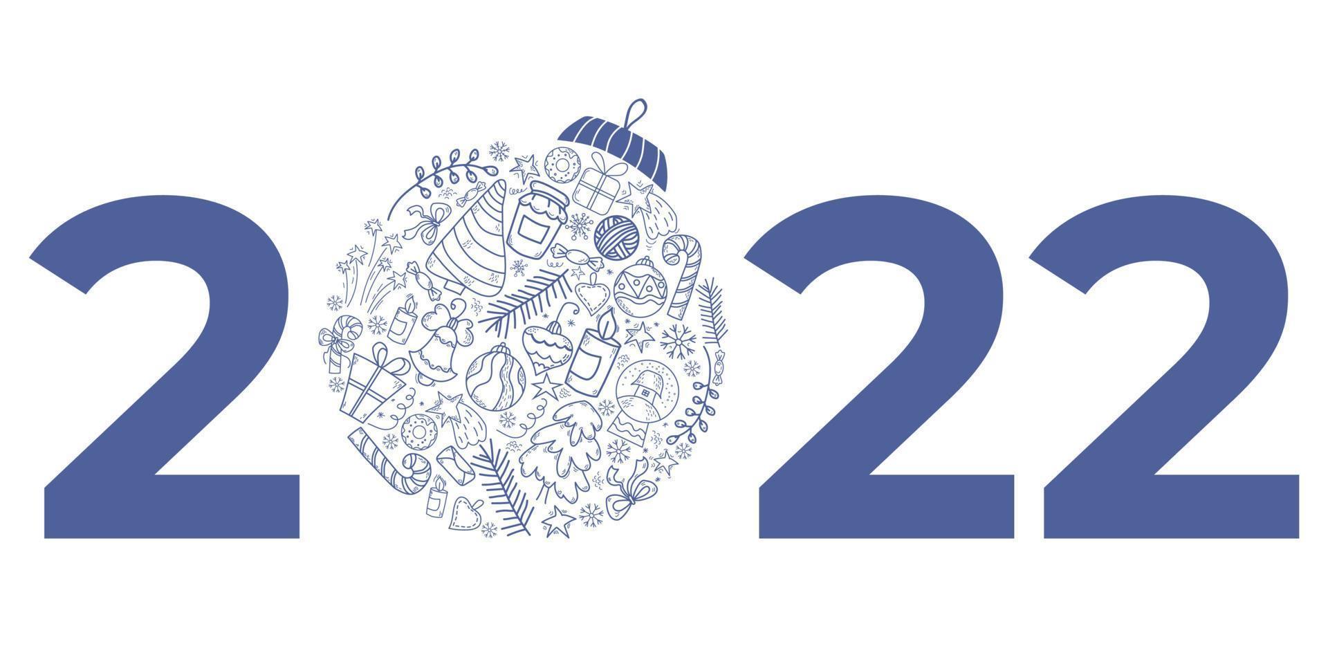 2022. bola de navidad y fecha del año. Bola de Navidad azul oscuro de dibujos lineales de año nuevo. ilustración vectorial para diseño, decoración, decoración, impresión y tarjetas de felicitación. vector