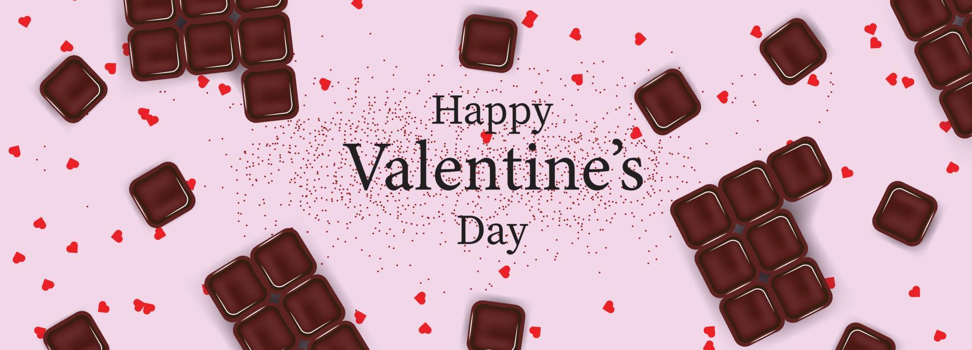 Purple banner with chocolate and confetti for Happy Valentine's Day. Template for banners, advertisements, cards, invitations, backgrounds. vector