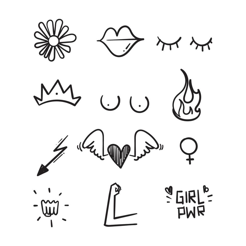 hand drawn doodle Set of feminism elements illustration isolated background vector