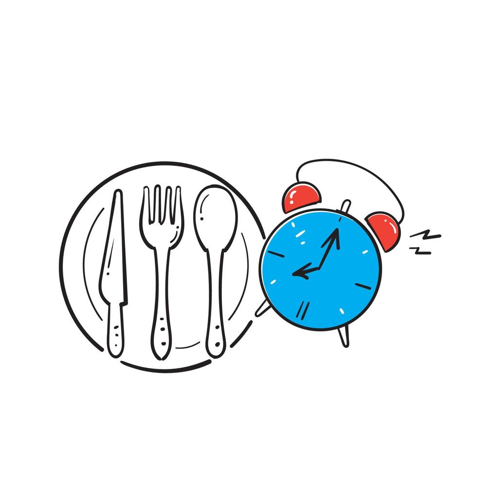 Dibujado a mano doodle cuchara y tenedor con símbolo de reloj para icono de ilustración de hora de comida vector