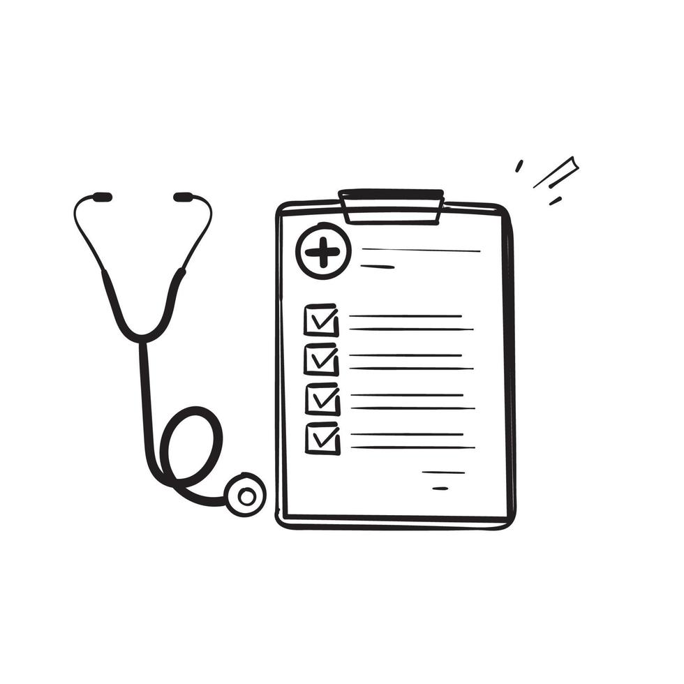 hand drawn doodle clipboard and stethoscope symbol for medical check up illustration vector isolated