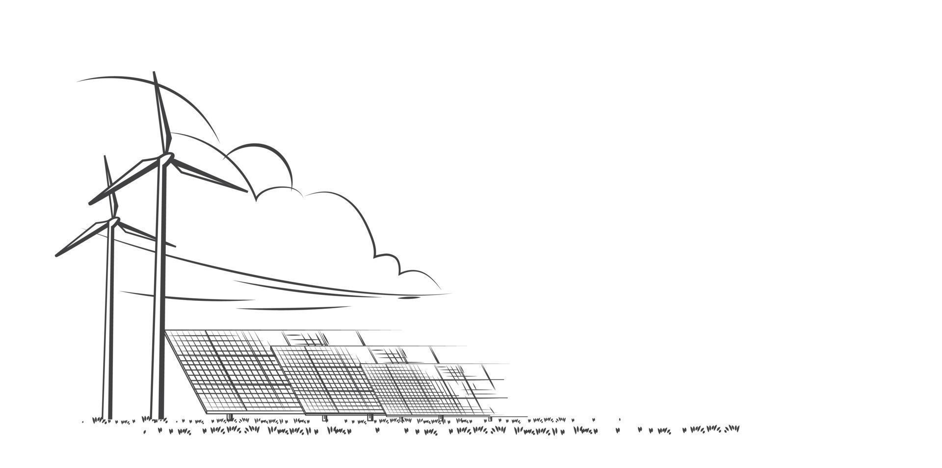 Solar panels and wind turbines or alternative sources of energy. drawn sketch. Vector design.