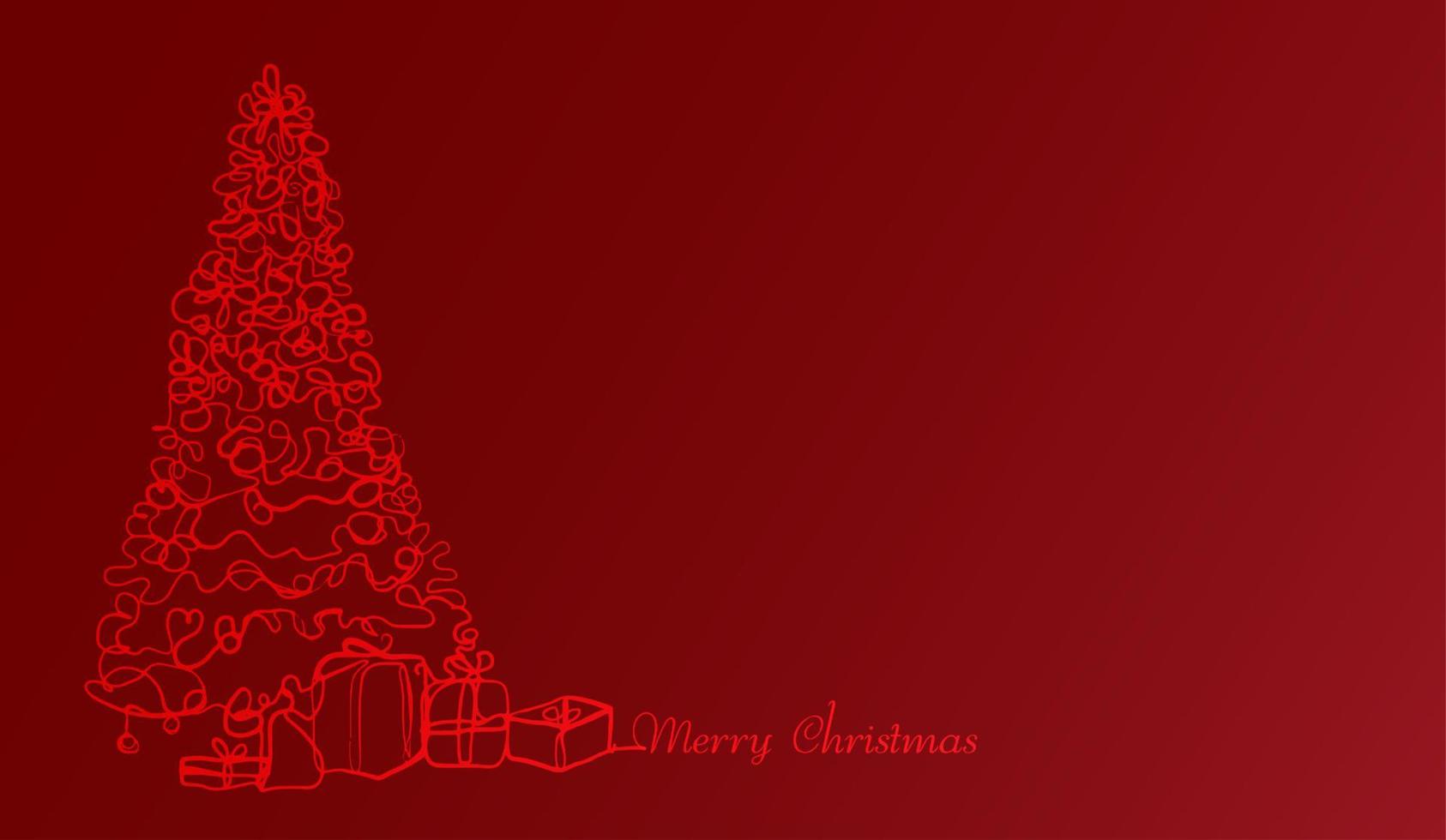 Christmas tree and presents or gift box. continuous line merry christmas drawing on red background. vector design